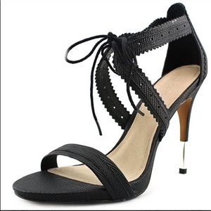 Pour La Victoire Black Shanna Lizard Strappy Cage Open Toe Lace Sandal